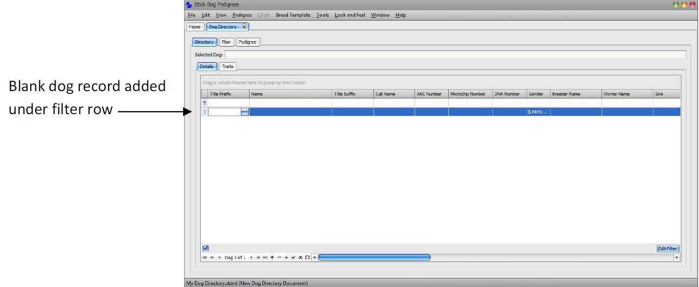 The Stickdog Pedigrees Program showing a Blank Dog Record