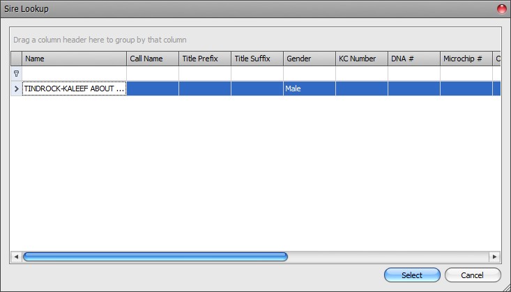 The Stickdog Pedigrees Program showing the Dialog Display Record Dialog Box