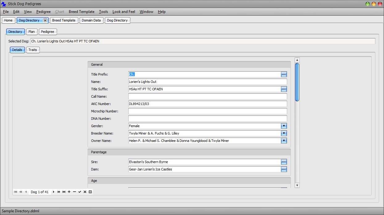 The Stickdog program showing Dog Directory form - Dog Details List panel