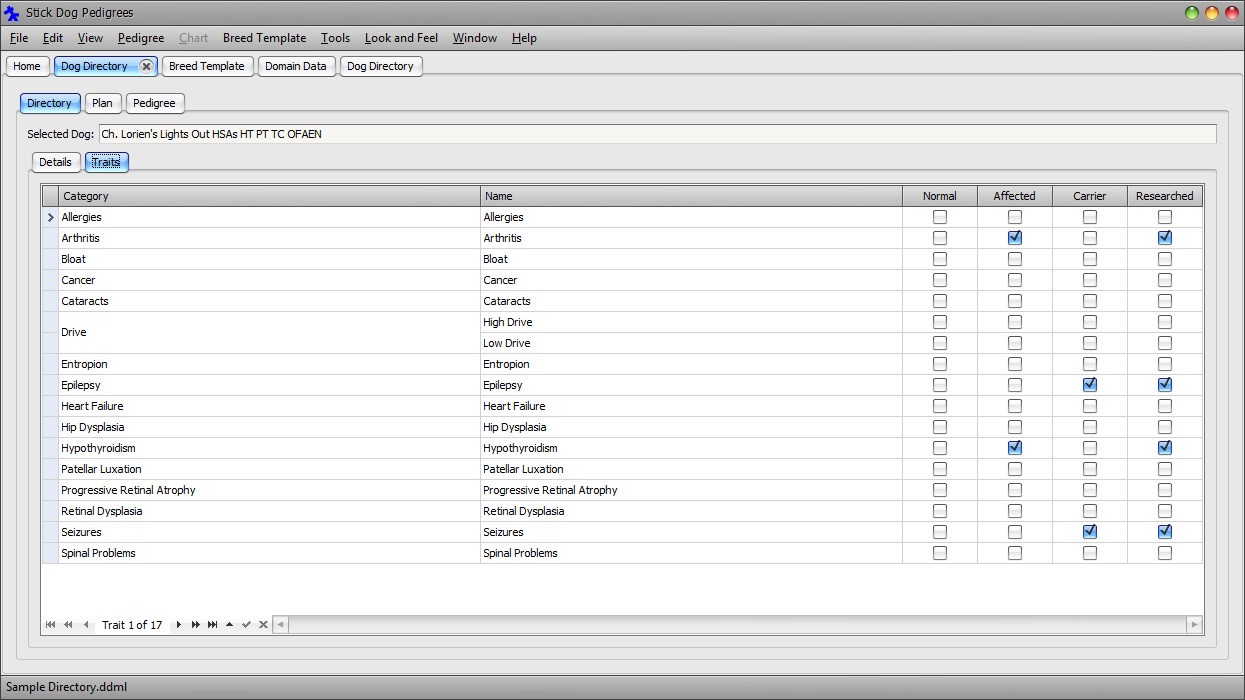 The Stickdog Pedigrees Program showing the Dog Directory form - Dog Details Form panel