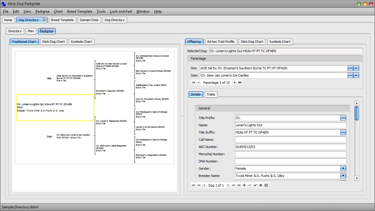 The Stickdog Pedigrees Program showing the Dog Directory form - Plan List panel