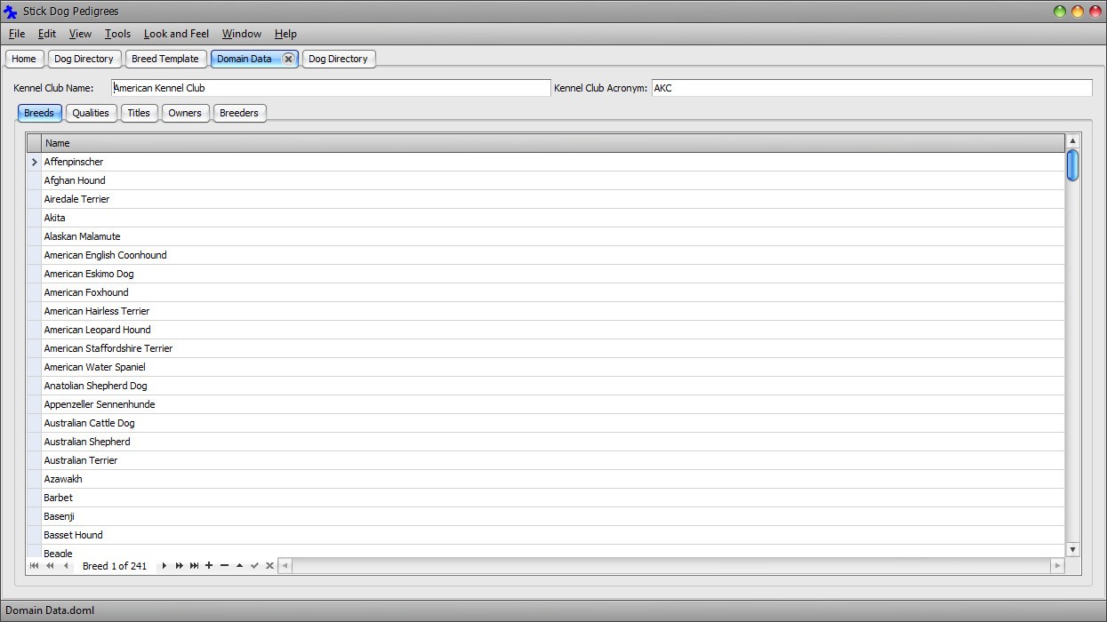 The Stickdog Pedigrees Program showing the Breed Template form - Trait Profiles panel