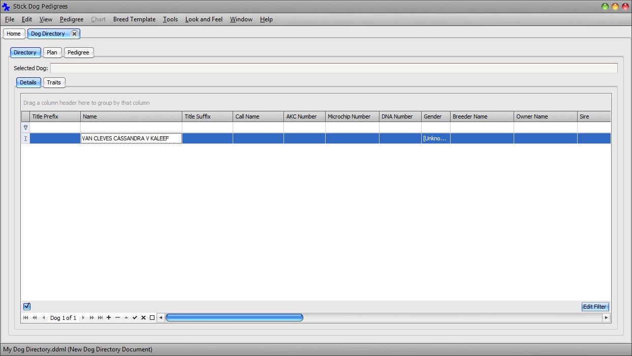 The Stickdog Pedigrees Program showing the New Dog Directory