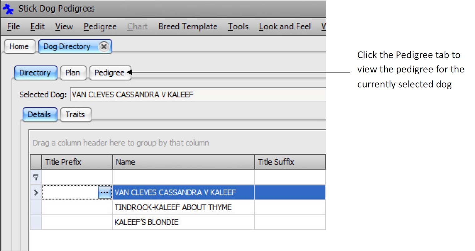 The Stickdog Pedigrees Program showing the Click Pedigree Tab