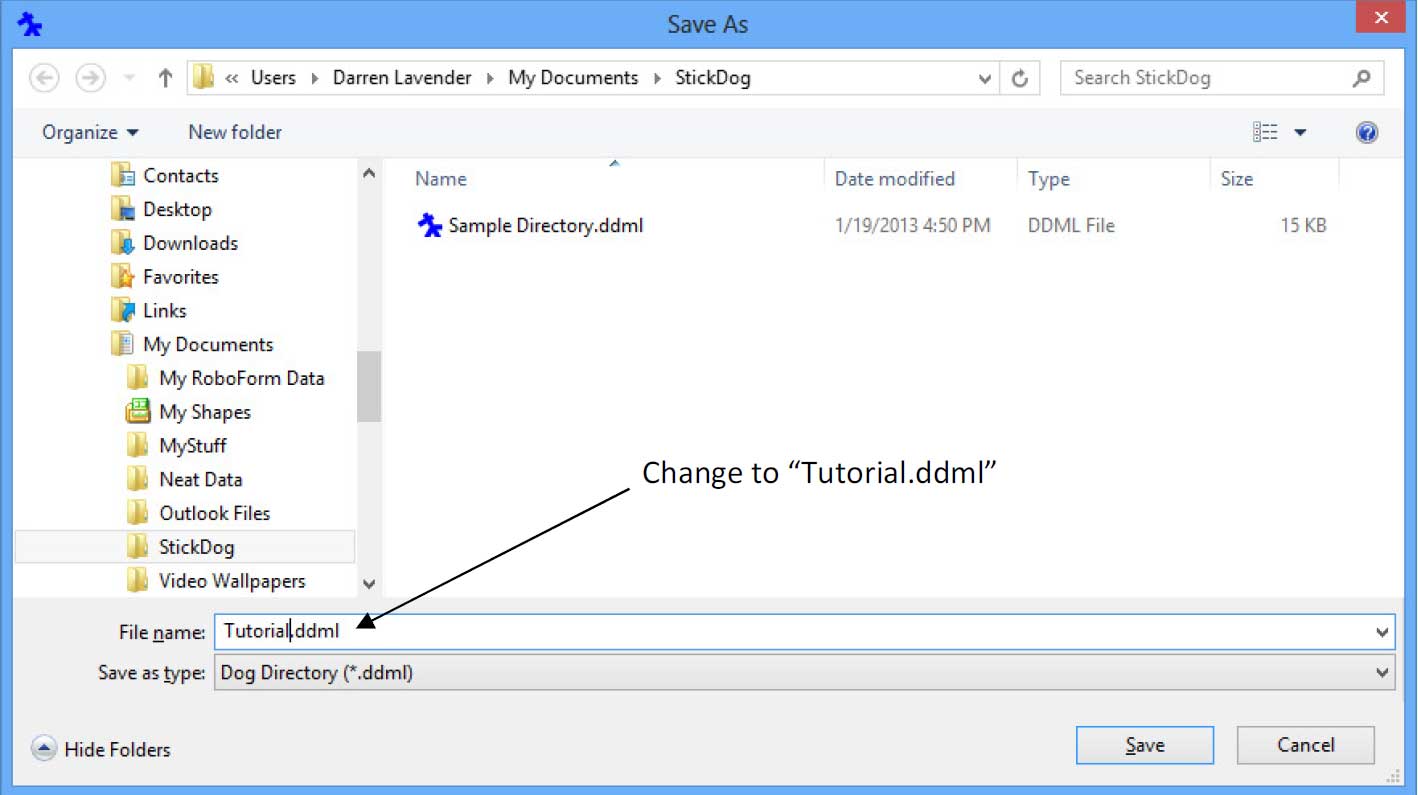 The Stickdog Pedigrees Program showing the Save As New File Name Dialog Box