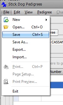 The Stickdog Pedigrees Program showing the Save Dialog Box