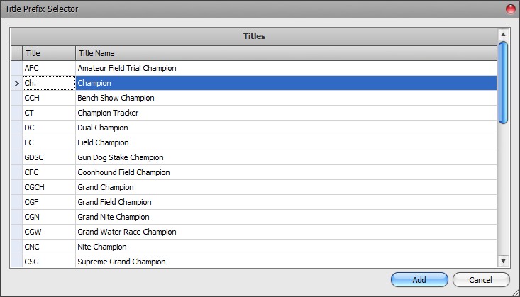 Title Prefix Selector dialog